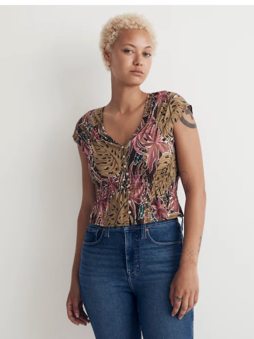 Madewell Shirred Cap-Sleeve Top in
Brushstroke Monstera